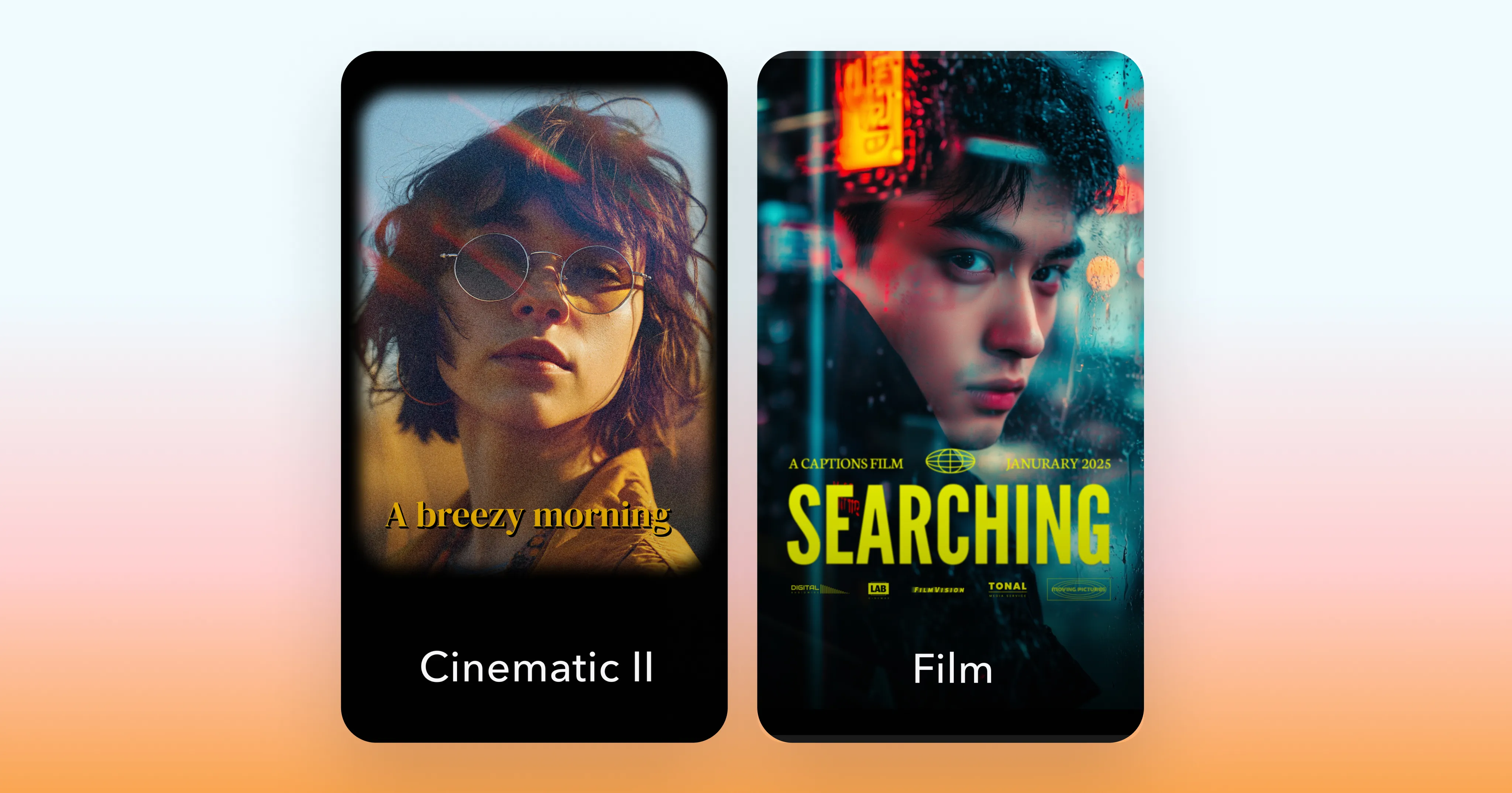 Image showing Cinematic II film grain portrait with warm tone title text and Film poster style thumbnail with neon rainy window portrait and bold movie headline typography