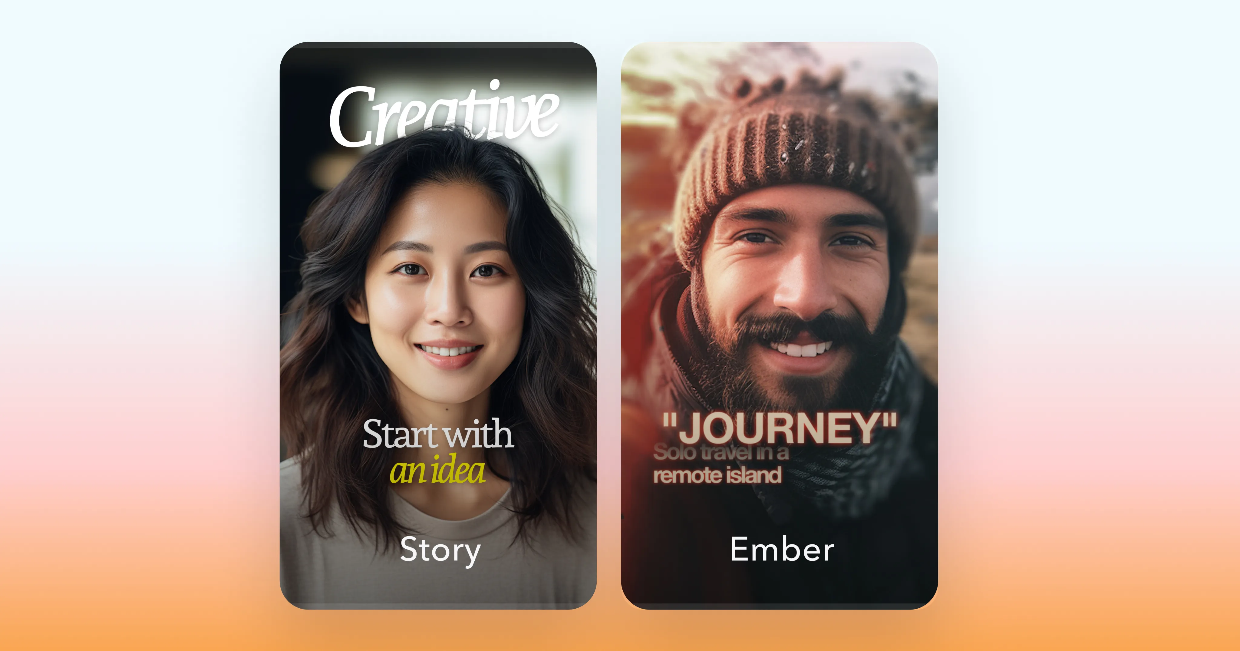 Image showing two AI video thumbnails: Story style with a smiling creator portrait and “Start with an idea” creative headline, and Ember style with a warm outdoor portrait and travel themed title text