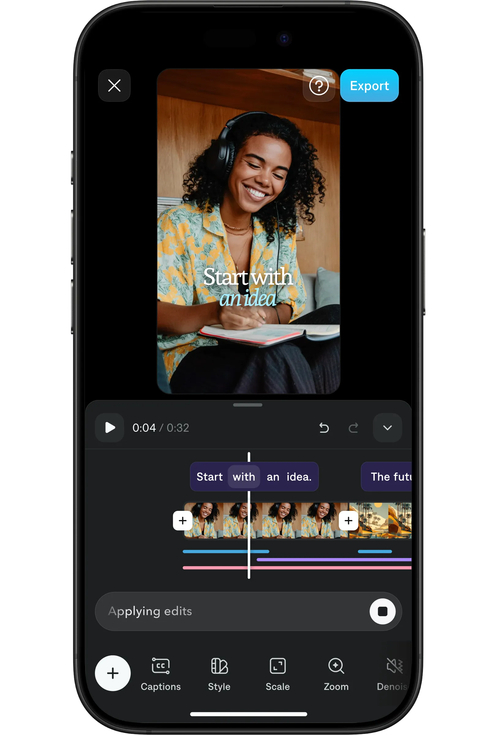 The Captions app editing interface on a smartphone screen: a still of a man with headphones with a timeline filmstrip of video frames below.