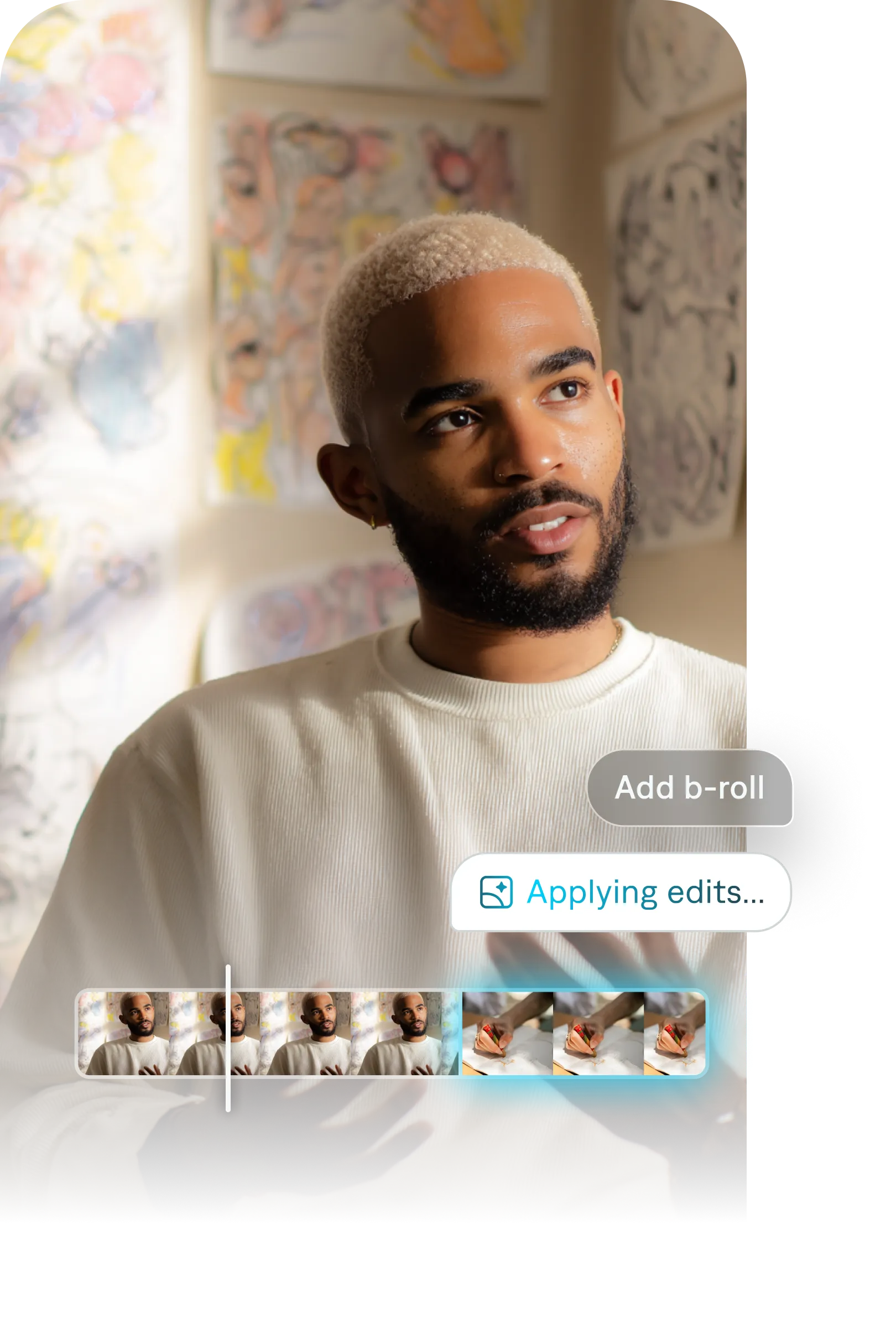 Video editing interface showing a man speaking, with a timeline filmstrip of video frames below and the editing prompt “Add b-roll.”