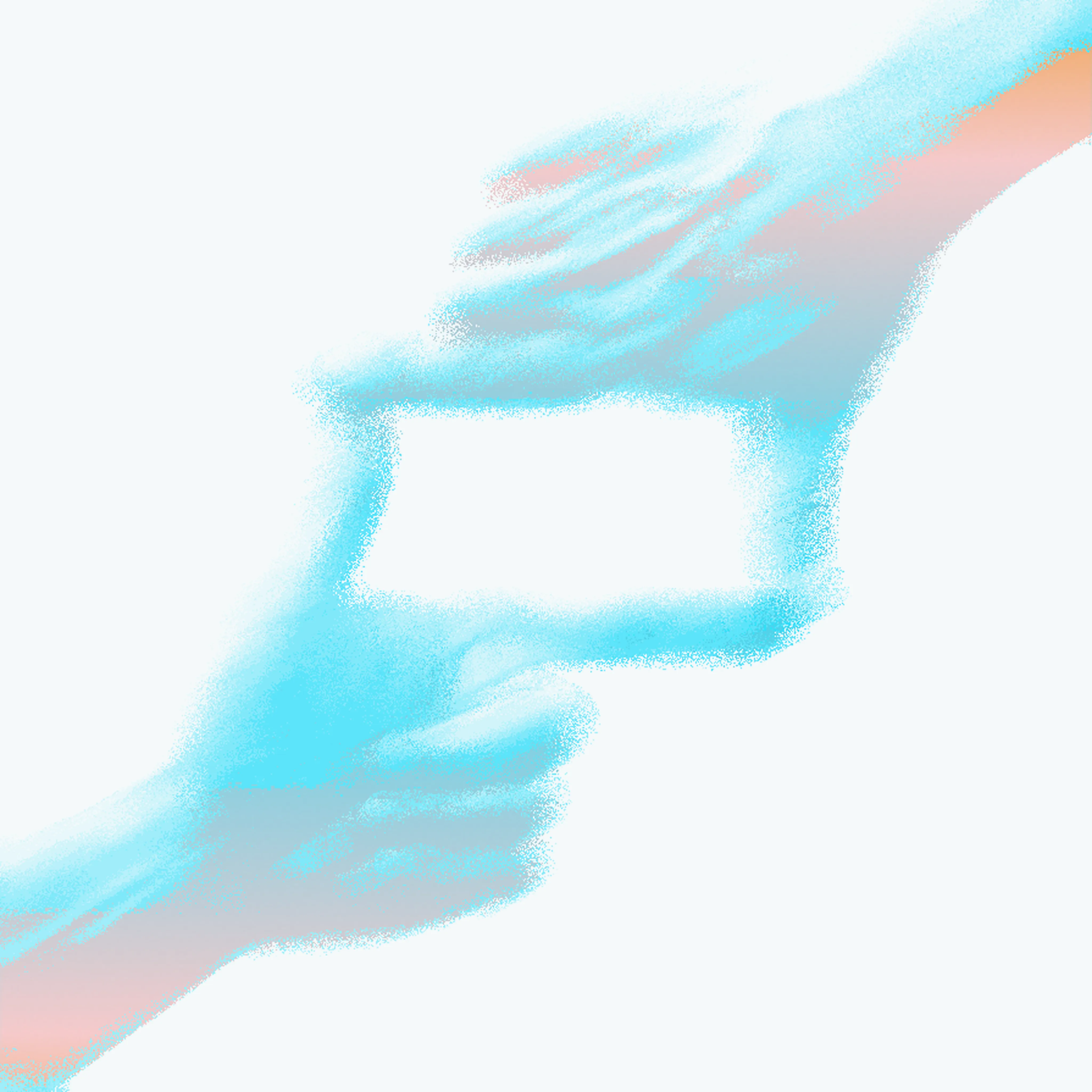 Two hands forming a rectangular frame rendered in colorful pixels.