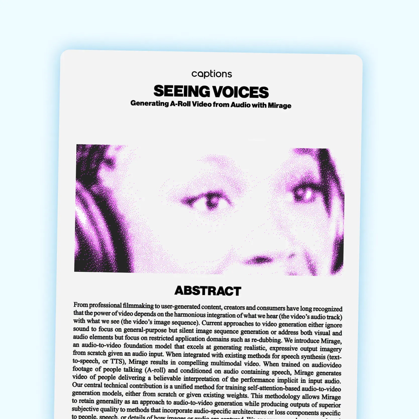 The cover page of Mirage’s white paper with the title “Seeing Voices,” a pixelated image of a woman with headphones, and an abstract.