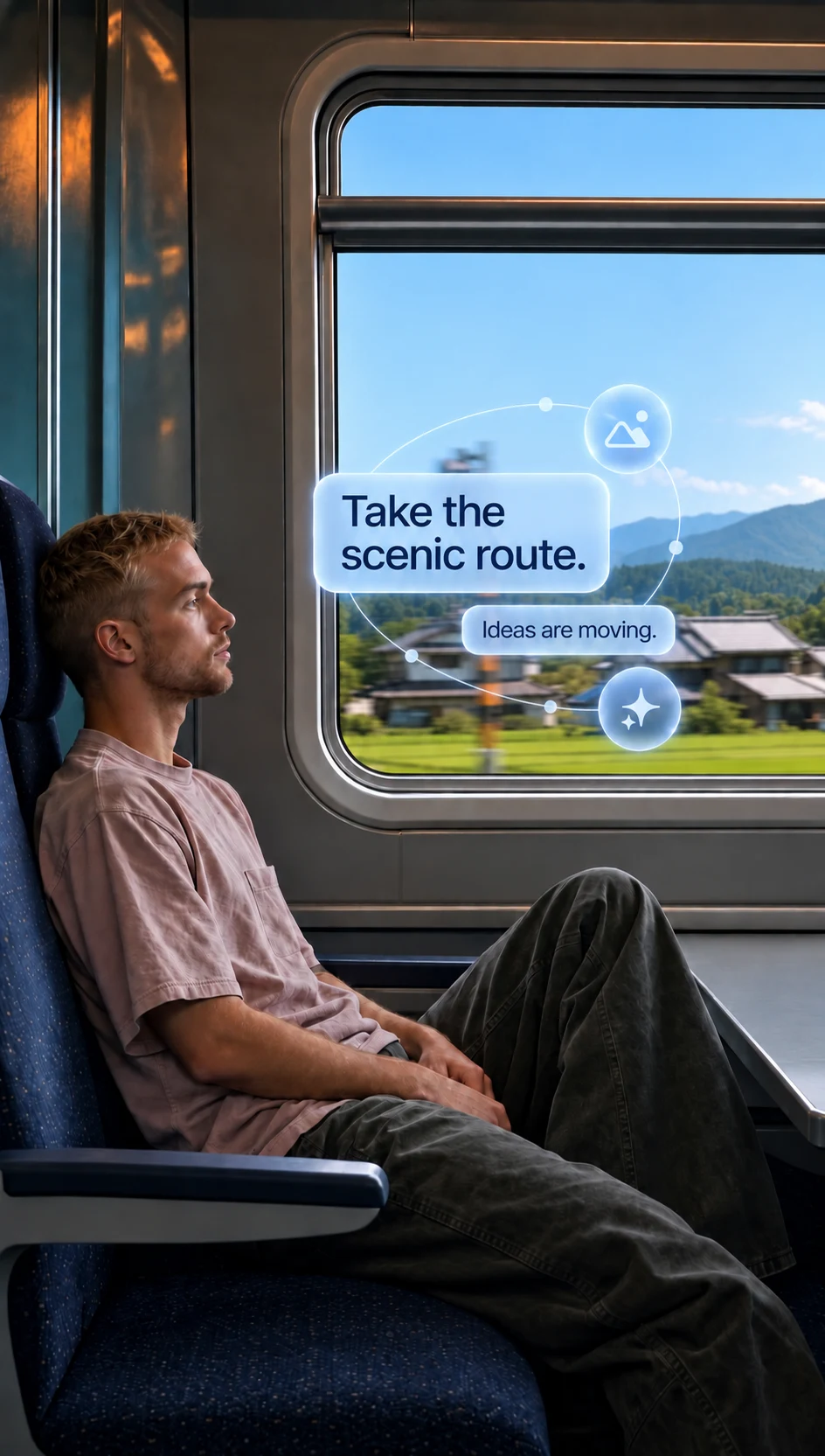 Travel footage with layered motion graphics beside a train window.