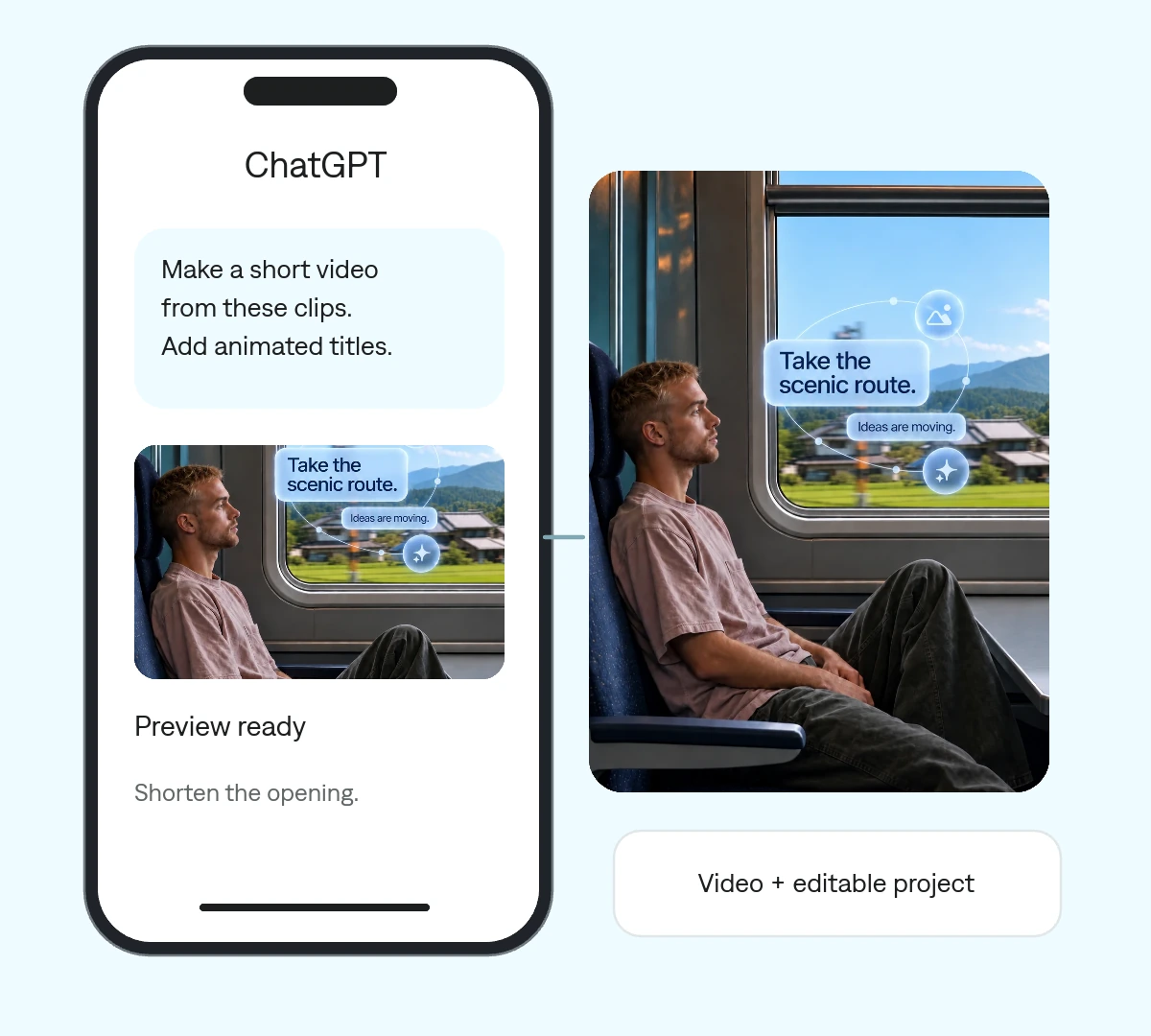 Illustration of directing a video edit from ChatGPT Mobile, with a preview and an editable project.